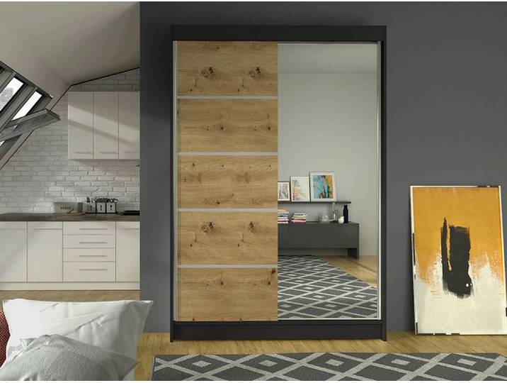 MIRJAN24 Schiebetürenschrank Lino III, mit Spiegel, Kleiderschrank vom Hersteller (Schwarz / Artisan Eiche, ohne Beleuchtung)