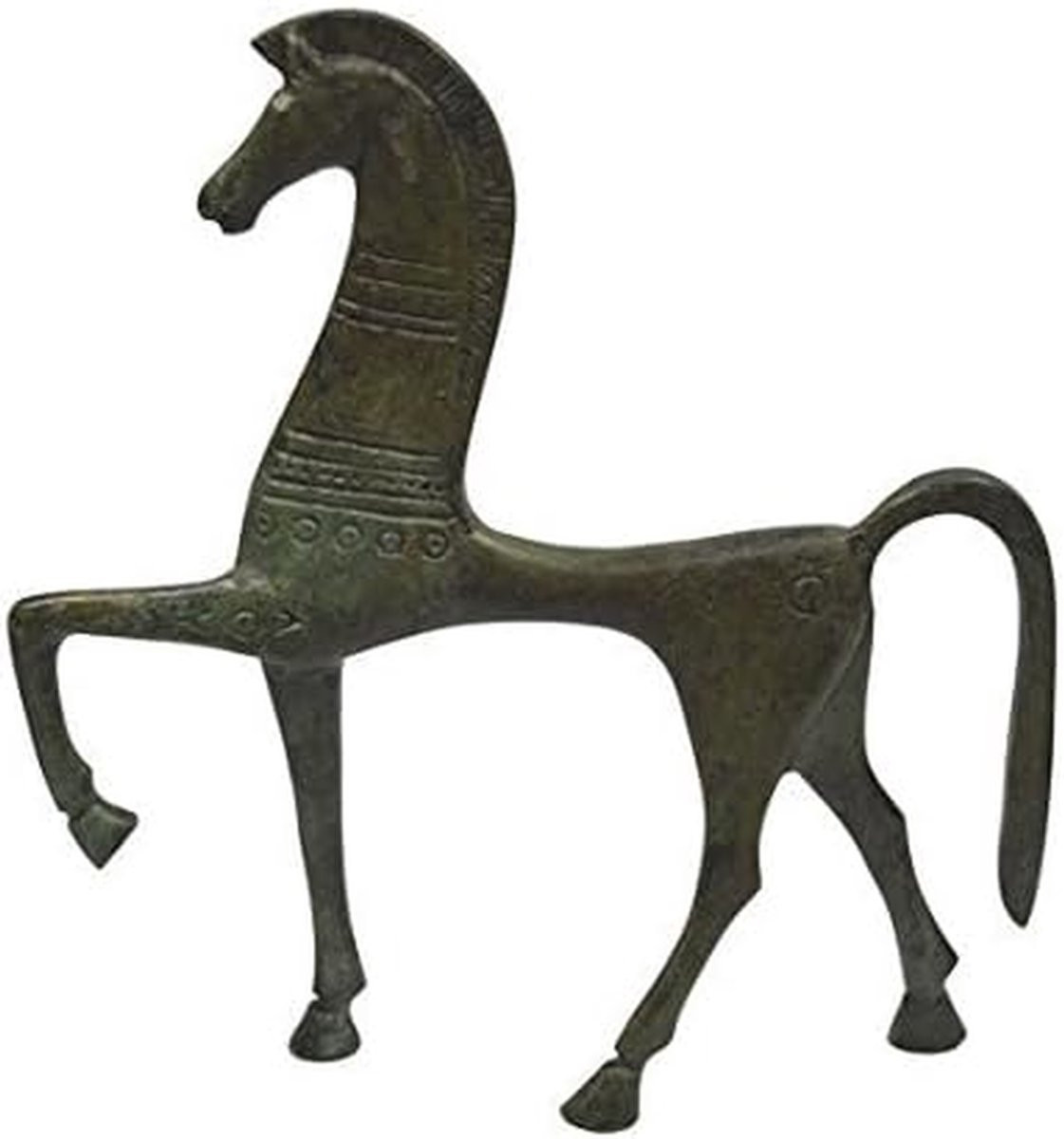 Handgemaakt Grieks Bronzen Paard Beeldje - Symbool van Rijkdom - Groen - Hoogte: 15 cm