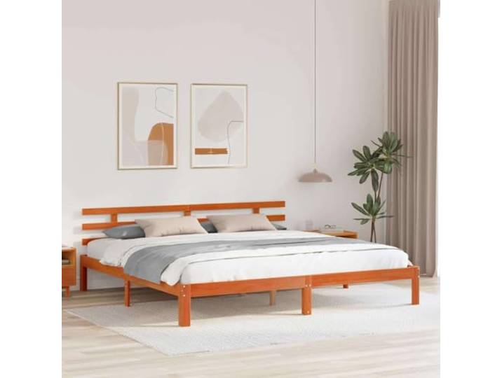 Bettgestell Kiefer massiv braun gewachst 203,5 x 205,5 x 69,5 cm Leise Plattform, Kopfteil im Lieferumfang enthalten, robuste Halterung, einfache Wartung