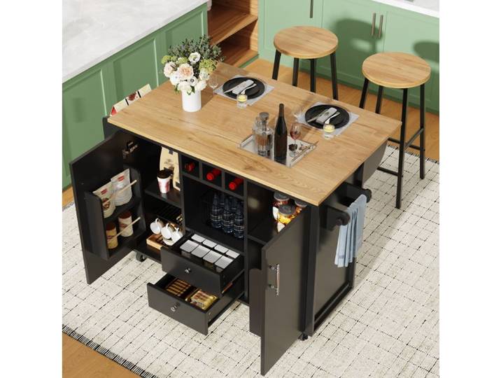 VUENOR îlot central de cuisine mobile avec 2 tabourets plateau rabattable noir et bois