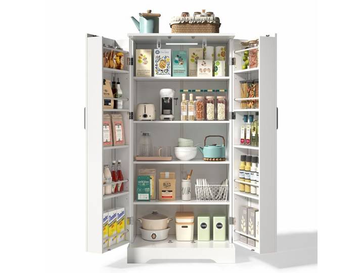 Buffet de cuisine blanc avec LED à capteur et rangements modulables