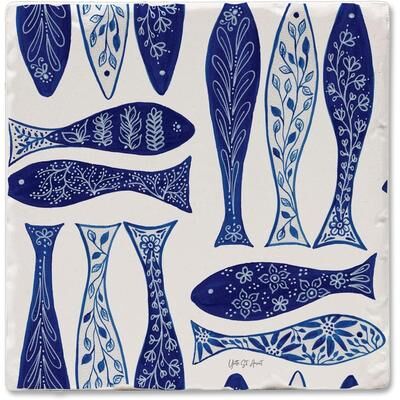 Thirstystone "Blue Fish 4Pack Tumbled Tile Stone Coaster with Protective Cork Backing Made in The USA 4"" Square, Colorful, Wipes Clean"