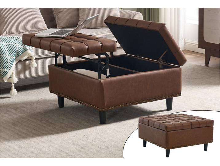 LVHOM Couchtisch Höhenverstellbarer Aufbewahrungsstuhl/Sitzhocker (integrierter Doppelstauraum, höhenverstellbare Tischplatte (PC-freundlich), nutzbar als Hocker/Tisch/Sitz, PU Leder oder Leinen in Farben, klassisches Design mit Nieten und Raffung, Belastbarkeit bis 130 kg, Quadratischer Stauraumstuhl mit multifunktionalem Design), für Wohnzimmer, Schlafzimmer, Homeoffice zur Steigerung des Komforts