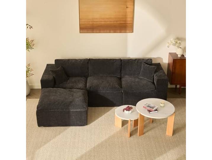 Modulares Ecksofa 265 cm mit Schlaffunktion, Chenille-Bezug, Schwarz 4 Teile, Modulares L-Form Sofa 265 cm, frei kombinierbar, extra dick gepolstert, cloudweicher Sitzkomfort, ohne Montage