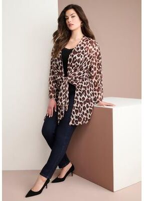 Plus Size Women's Plus Size Front-Knot Tie Kimono by Roaman's in Oatmeal Jaguar Print (Size M/L)