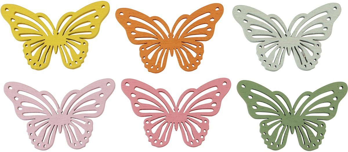 Viana Kleurrijke houten vlinder strooidecoratie 4,5 x 3 cm, 48 stuks