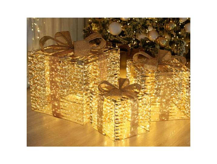 Led-Geschenkboxen, Goldfarben, Metall, 25x30x25 cm, Dekoration, Weihnachtsdekoration, Weihnachtsbeleuchtung
