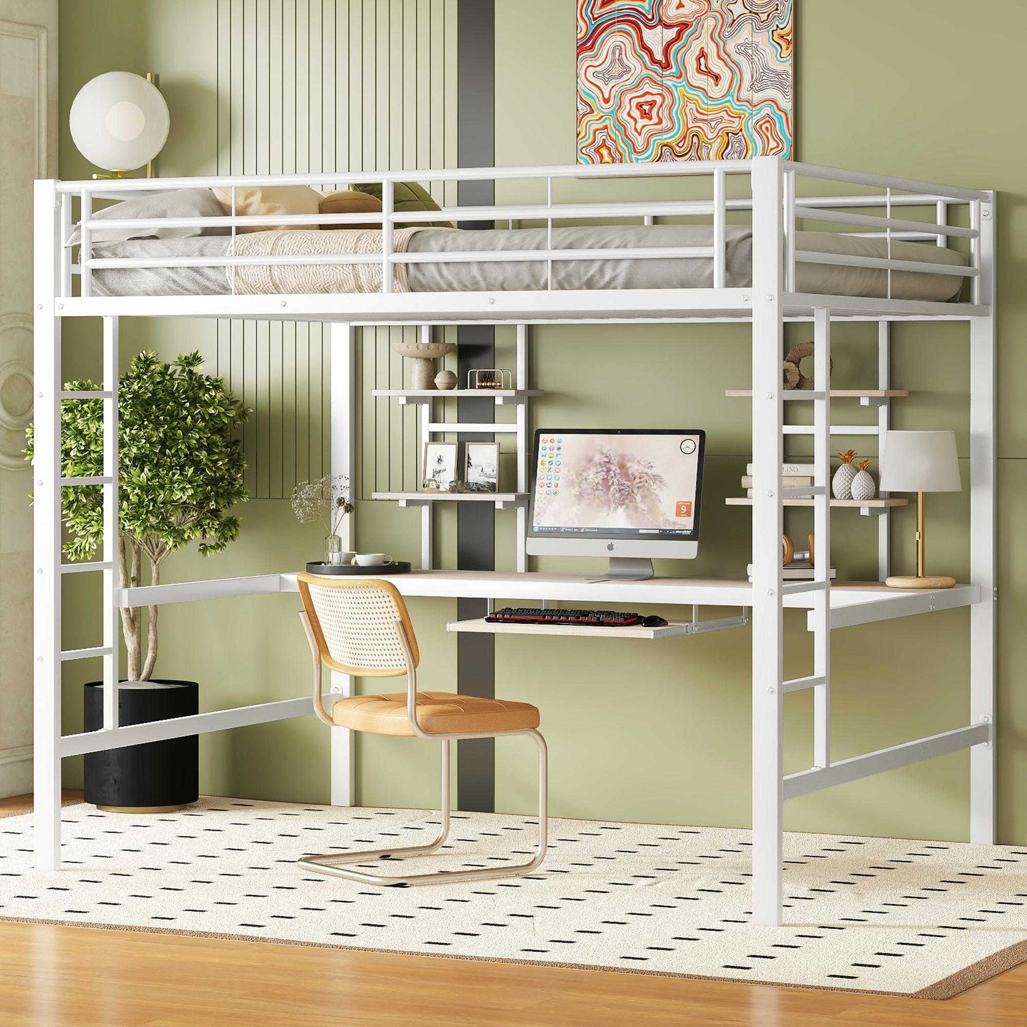 Hochbett, 140*200 cm, Bettgestell Metallbett, Eisenbett, Hochbett mit Schreibtisch und zwei Bücherregalen für Kinder, Jugendliche und Erwachsene, Weiß