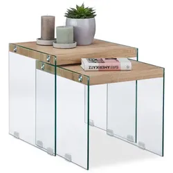 Relaxdays Satztisch 2er Set Holz+Glas Hellbraun,Transparent