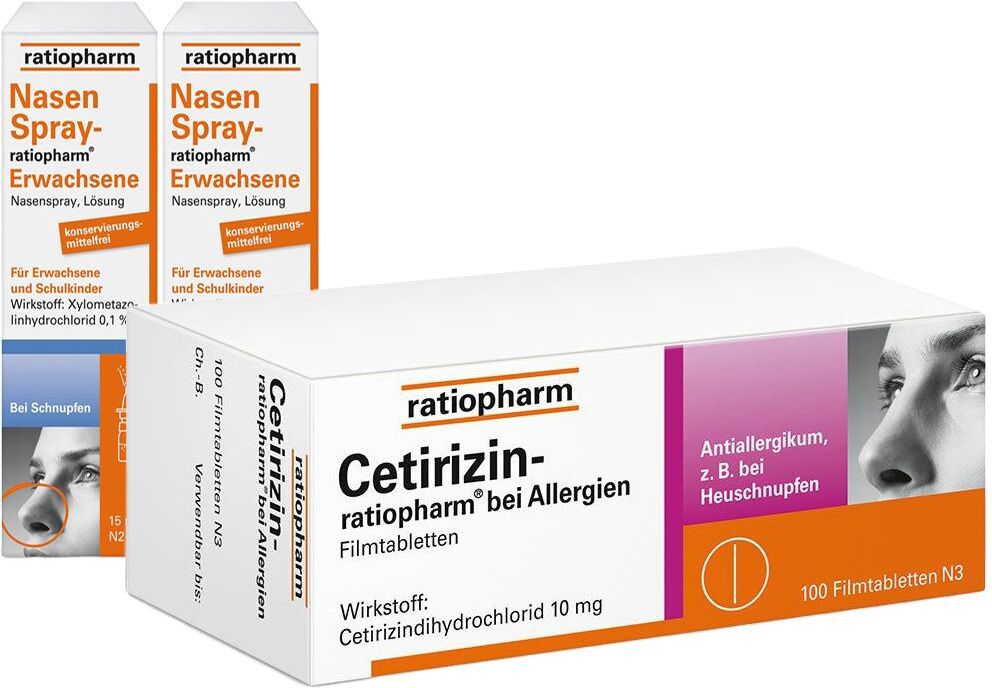 Cetirizin ratiopharm 10mg bei Allergien Filmtabletten + 2er Set Nasenspray 1 St