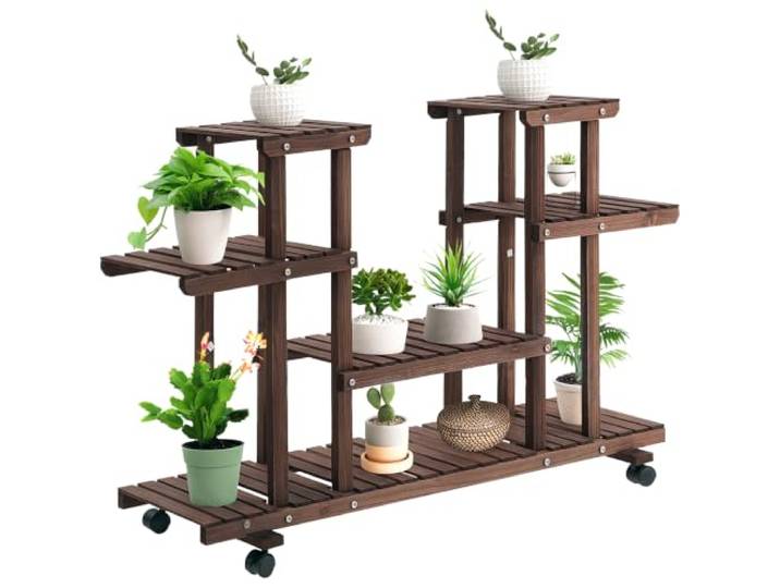 Outsunny 4-Etagen Pflanzenständer, 80cm hoch Blumenständer für Innen Außen, Pflanzenregal aus Holz, mehrstöckig Blumenregal, Blumentreppe Blumentopfständer für Wohnzimmer, Garten Balkon, Verkohlt