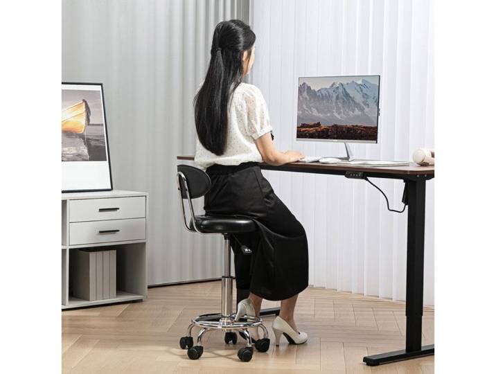 WOVREO Tabouret roulant réglable en hauteur avec dossier pivotant 360° repose-pieds simili cuir noir