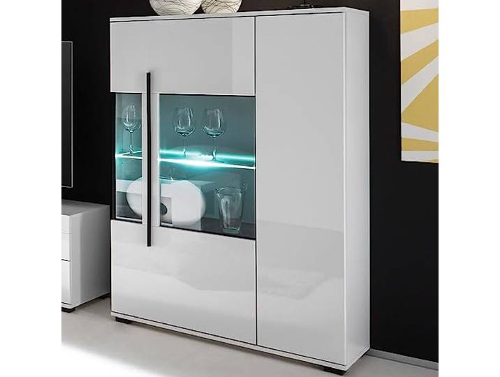 Lomadox Highboard in wit hoogglans incl. LED met glazen inzetstuk grijs glas BxHxD: 90x140x37cm