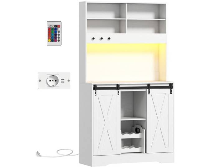 FSX Buffet de cuisine avec prises électriques éclairage LED porte-bouteilles et portes coulissantes 100x38x180 cm blanc