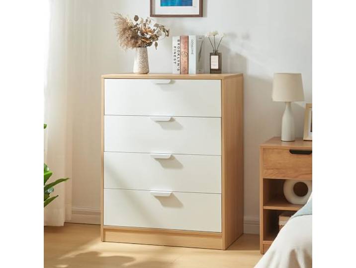 [en.casa] Kommode Varkaus mit 4 Schubladen Schrank Schlafzimmer Aufbewahrungsschrank 90 x 70 x 40 cm Flur Schubladenschrank Eichenoptik/Weiß