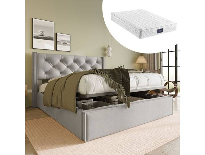 Lit coffre 140x200 - SOGEU - sogeu - Bois massif - Matelas 620 ressorts inclus - Grand coffre de rangement