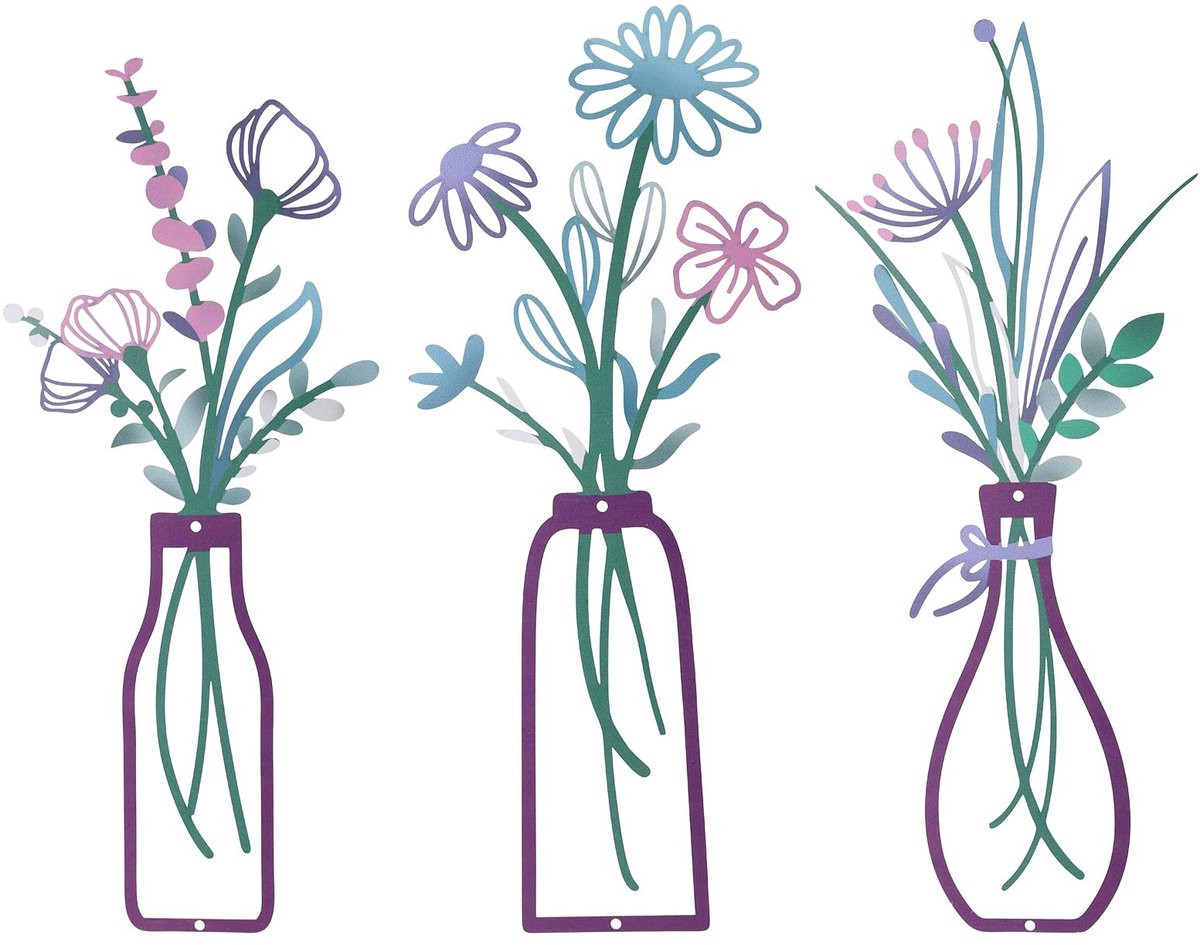 Allecta Wanddecoratie Set van 3 met Paarse Bloemen in een Rustieke Boerderij Stijl Vaas