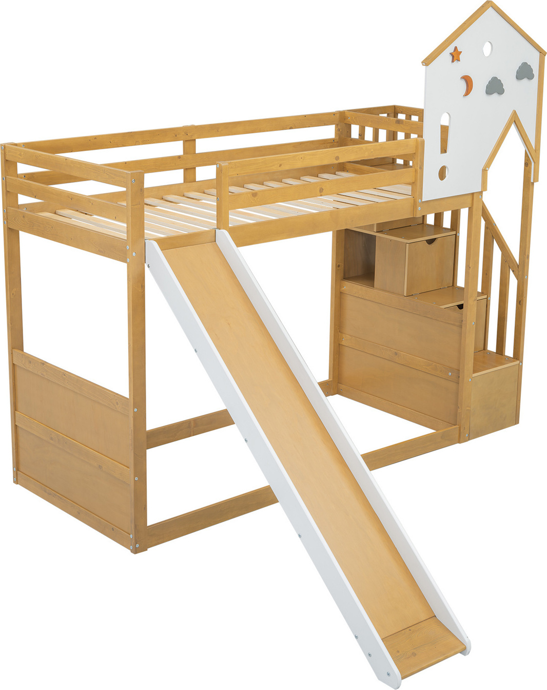 Etagenbett, Kinderbett, Bett mit Ecktreppe, Rutsche, Kinderbett mit Dach und Fenster, Kinderbett mit 3 Schließfächer in der Treppe, Kiefer+MDF, 90x200