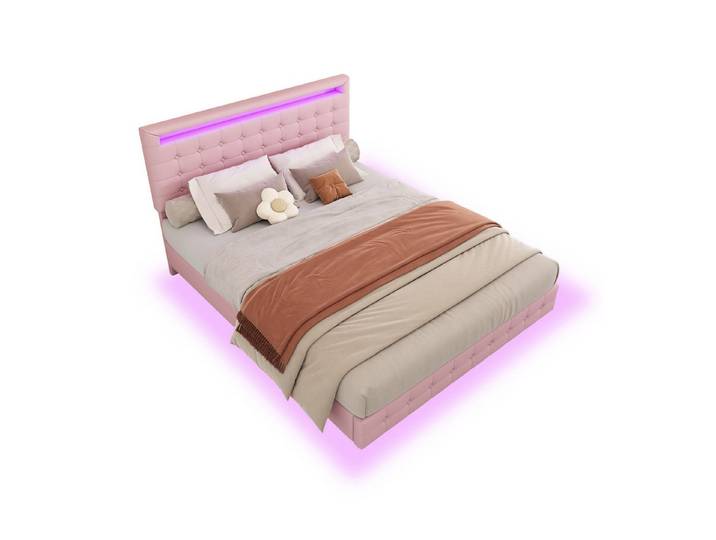 EXTSUD Polsterbett 140×200 cm – LED-Umgebungslicht & verstellbares Kopfteil, Federung, PU-Material, dreistufige Höhenverstellung des Kopfteils