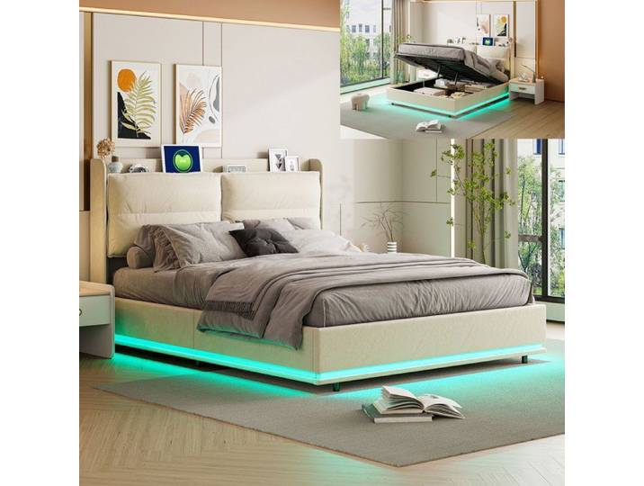 Lit coffre 140x200cm - NMONET - 0F0420 - LED - coffre de lit - tissu en velours - cadre de lit double 140x200cm - beige