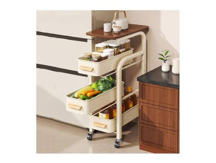 MJJRWF Rollbarer Küchenwagen mit ausziehbaren Schubladen Rollbarer Küchenwagen, ausziehbare Schubladen, Holzplatte, Metallgestell, Sicherheitsriegel(White,30x39x87cm)