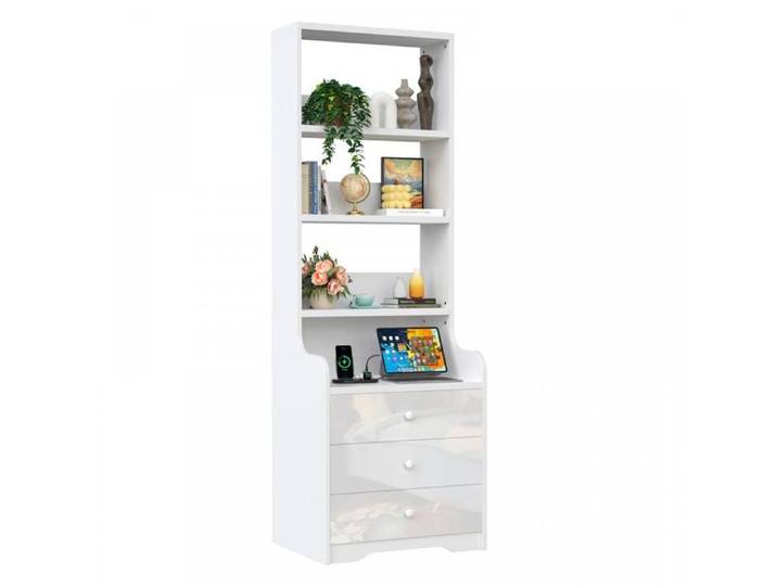 KEDIA Table de Chevet Blanche 50x40x17cm Avec Prise de Courant Blanc 50x40x17cm 3 Tiroirs de Rangement En Bois d'appoint