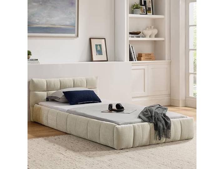 Bellemave Einzelbett 90×200cm,Chenille Polsterbett,Schlafzimmer,Beige Stabiler Rahmen, Quadratisches Steppdesign, Pflegeleicht, Flexibel Einsetzbar, inklusive Lattenrost, ohne Matratze.