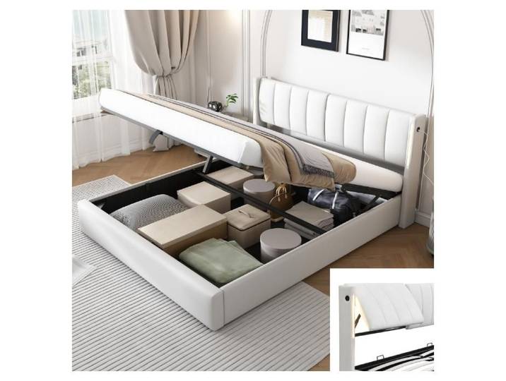 Lit coffre rembourré 160x200 lit 2 personnes LED USB Tête de lit réglable Design moderne PU Blanc