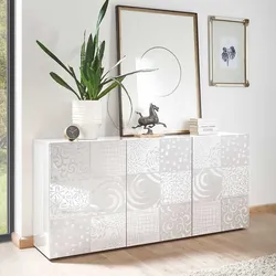 Türen Sideboard in Weiß Hochglanz Siebdruck verziert