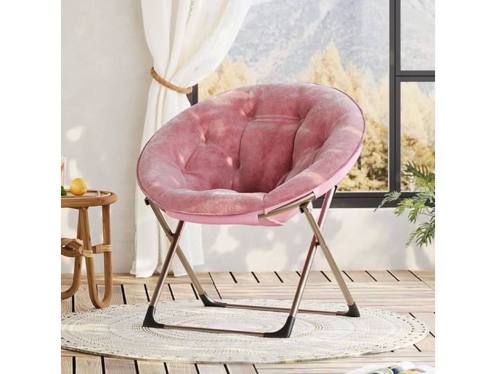 Fauteuil lune pliant oversize assise moelleuse Rose cadre métal doré salon chambre