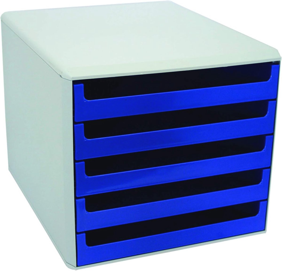 Ladenbox met 5 uittrekbare laden in lichtgrijs en blauw voor A4 tot C4 formaat