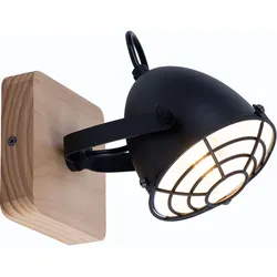 Wandlampe Wohnzimmerleuchte Wandleuchte Esszimmerlampe Industriell, Metall schwarz Holz Natur Gitteroptik, E14 Spot beweglich, H 20,5 cm