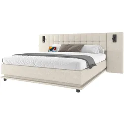 MODFU Polsterbett 180x200 cm mit LED-Beleuchtung, Kopfteil mit Spot, USB-Anschluss, beigem Leinenbezug, ohne Matratze