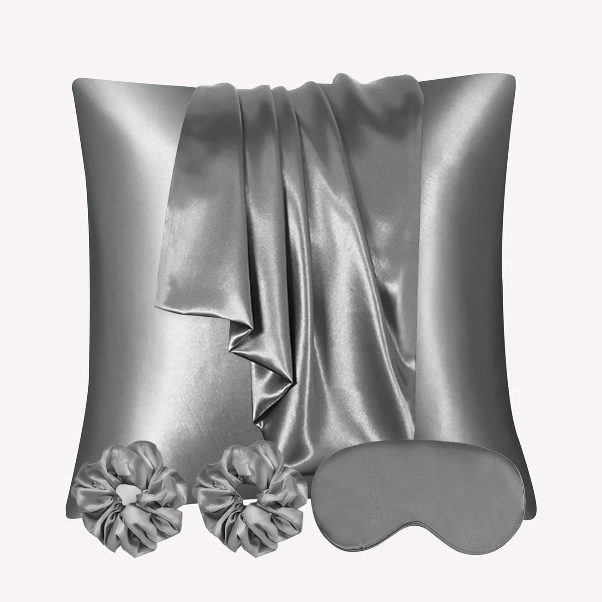 Zijdeachtige Kussensloop Set van 2 met Haarbanden en Oogmasker, Grijs, 65 x 65 cm