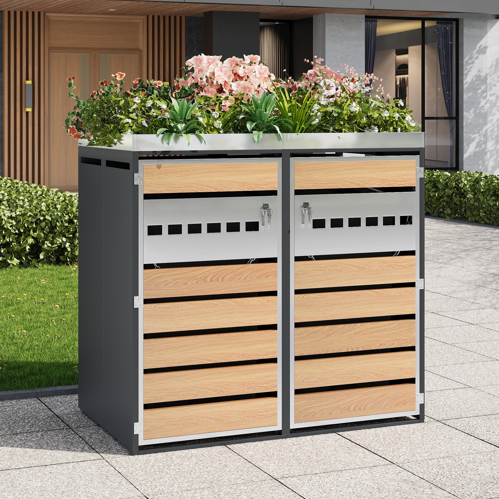 Merax Mülltonnenbox mit Pflanzgefäß und 2 Fächer, Mülltonnenverkleidung mit Holzoptik und Stahl, belüftet und abschließbar für Garten/Außenbereich