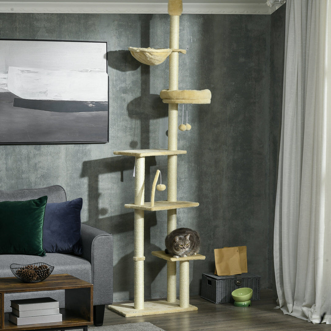 PawHut Floor To Ceiling Cat Tree 6-Tier with Scratch Post Bed Hammock Beige 635cm H X 86.36cm W X 137.16cm D
