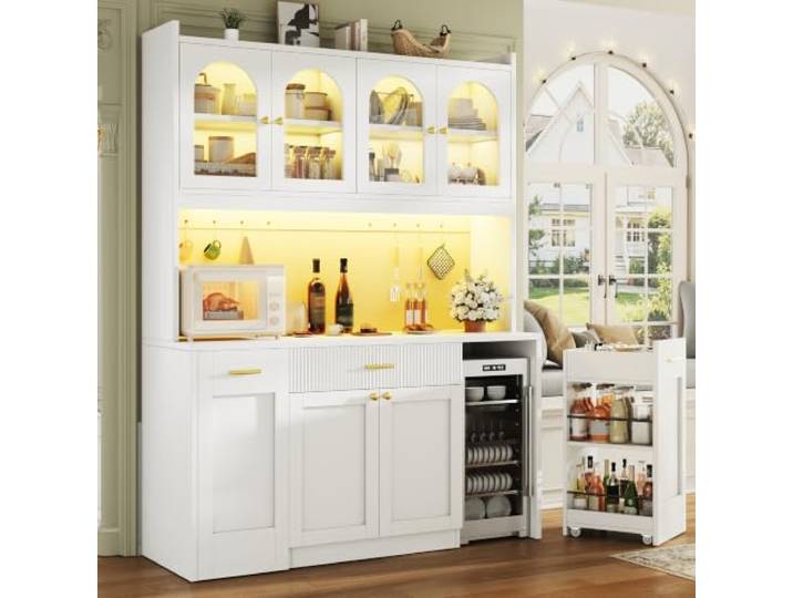 BXEYXE Hochküchenschrank 120cm mit RGB-LED, App-Steuerung, 3 Glasvitrinen, Schubkästen & beidseitigen Roll-Ablagen, Weiß/Schwarz
