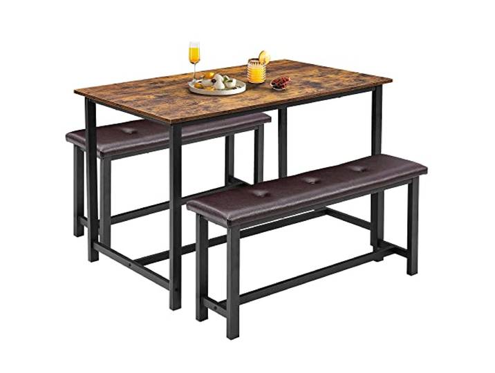 IDEALHOUSE Platzsparende Essgruppe 3-teilig für 4 Personen Rechteckiger Esstisch aus Holz & Metall mit 2 gepolsterten Sitzbänken, Industrial Stil für kleine Räume, Wohnung/Studio
