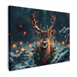 LEINWANDBILD Hirsch - Weihnachten - Winter - Schnee - Weihnachtskranz Wandbild 40x30 cm