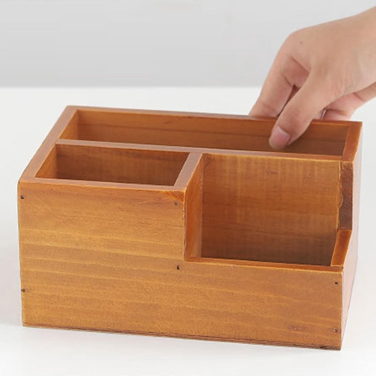 Multifunctionele houten opbergdoos voor afstandsbedieningen met 3 compartimenten voor bureauorganisatie