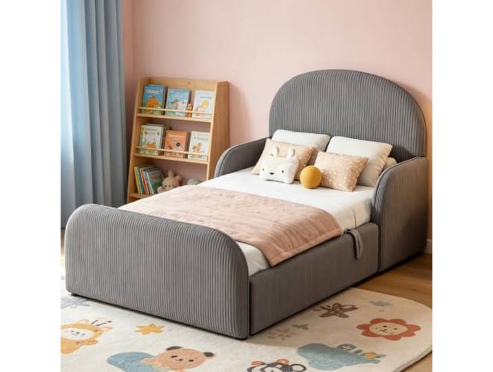 BXEYXE Kinder-Polsterbett 90x200 mit hydraulischem Stauraum, Samt-Kinderbettgestell mit hohem Kopfteil, Fußteil und halbhohen Sicherheits-Handläufen für Jungen, Mädchen und Teenager, Grau