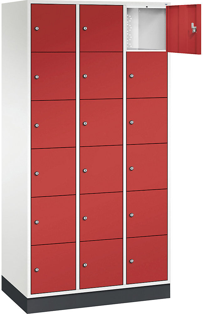 6er-Schließfachschrank Intro, 3 Abteile, Korpus reinweiß, Türen feuerrot C+P
