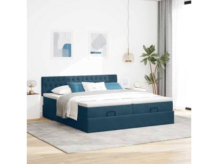 KTHLBRH Bett mit Bettkasten, 160 x 200 cm, Samt, Dunkelblau, mit Kopfteil Hydraulisches Heben, Taschenfederkernmatratzen, 2 Matratzenschoner im Lieferumfang enthalten
