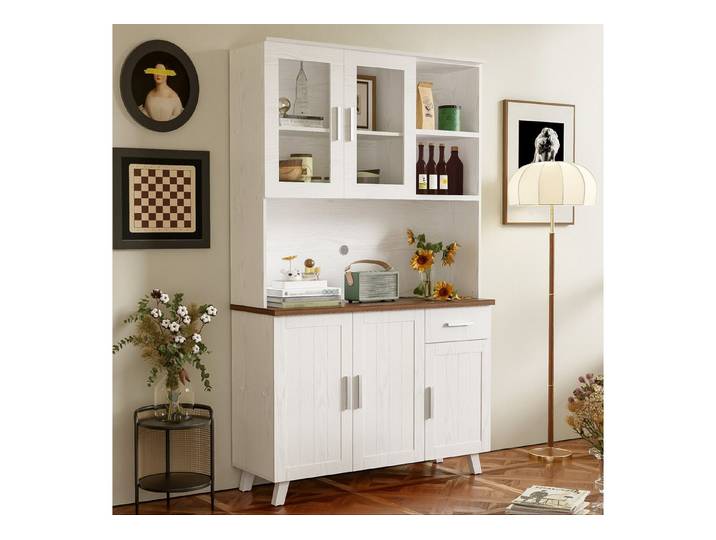 IDEASY Buffet Rustikales Sideboard, Buffetschränke, Holzmaserung, 114x40x190 cm 5 Türen, 1 Schublade, offene Fächer, Glastüren können angezeigt werden