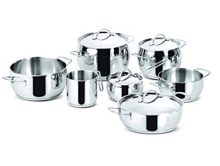 Lagostina Euforia Batterie de Cuisine pour Induction\, Gaz et Four en Acier Inoxydable 18/10\, 11 Pièces\, Fond Lagoseal Plus\, Batterie de Cuisine avec 5 Marmites\, Casserole\, Pot à Lait\, 4 Couvercles