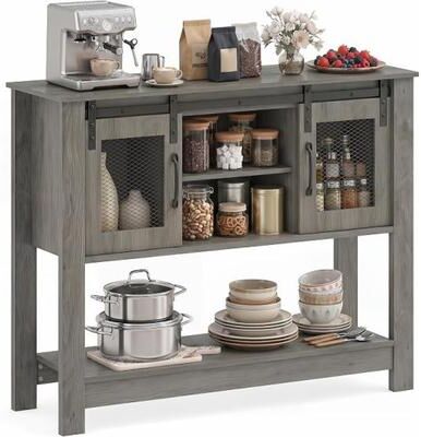 Costway Console Table with Sliding Barn Doors and Storage Cabinets-Gray