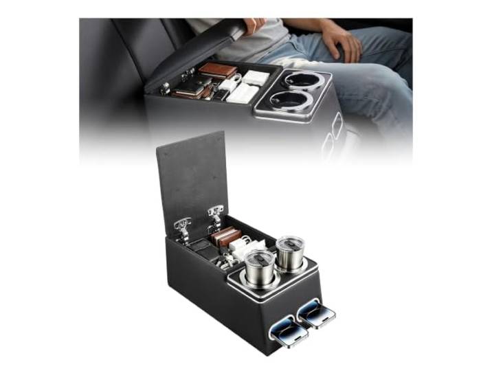 VEVOR Console Centrale Universelle Banquette Accoudoir Boîte de Rangement Organiseur d'Outils Verrouillable Arrière\, Porte-gobelets et Support Téléphone\, pour Automobile\, Monospaces\, Berlines et SUV