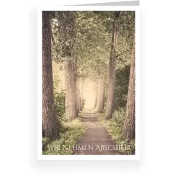 Einladungen  zur Trauerfeier mit eigenen Fotos gestalten im Design "Einladungskarte Trauerfeier: Waldweg mit Fotos" - Musterkarte - Karten einfach online bei wunderkarten gestalten und bestellen