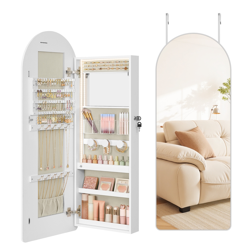 SONGMICS Schmuckschrank mit LED-Beleuchtung und Innenspiegel wolkenweiß JJC020W01