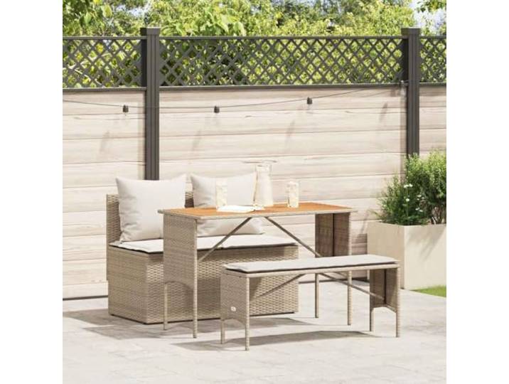 HEFZGDB 3-TLG. Garten-Essgruppe mit Kissen Beige Poly Rattan, Outdoor Esstischgruppe mit Akazienholz Tischplatte und Polsterkissen, Langlebige PE Rattan Gartenmöbel, Stabile